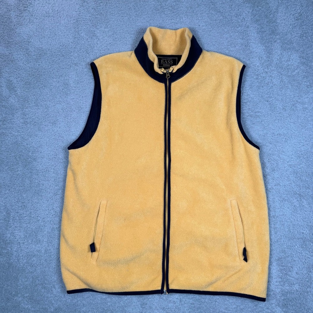 GH Bass Mens Fleece Vest Large Yellow Navy Blue Full Zip Back Pocket Gorpcore